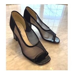 Sacha London Black Mesh Patent Peep Toe Heels Chunky Pump US8B Spain